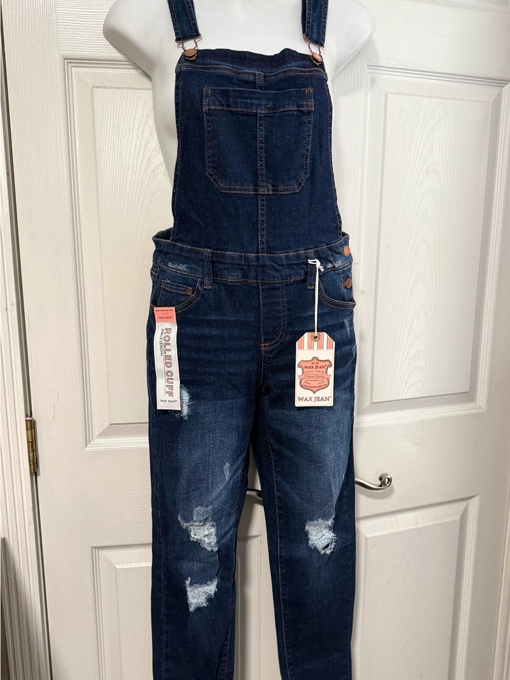 Wax Jean Navy Blue Distressed Denim Overalls